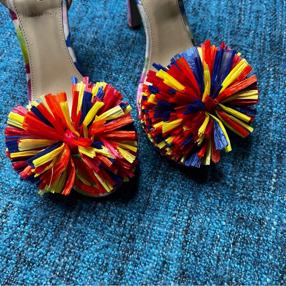 J.Crew Collection Raffia Bow Strappy Coloful Heels Made in Italy Women's 6.5 Pom - Picture 3 of 11